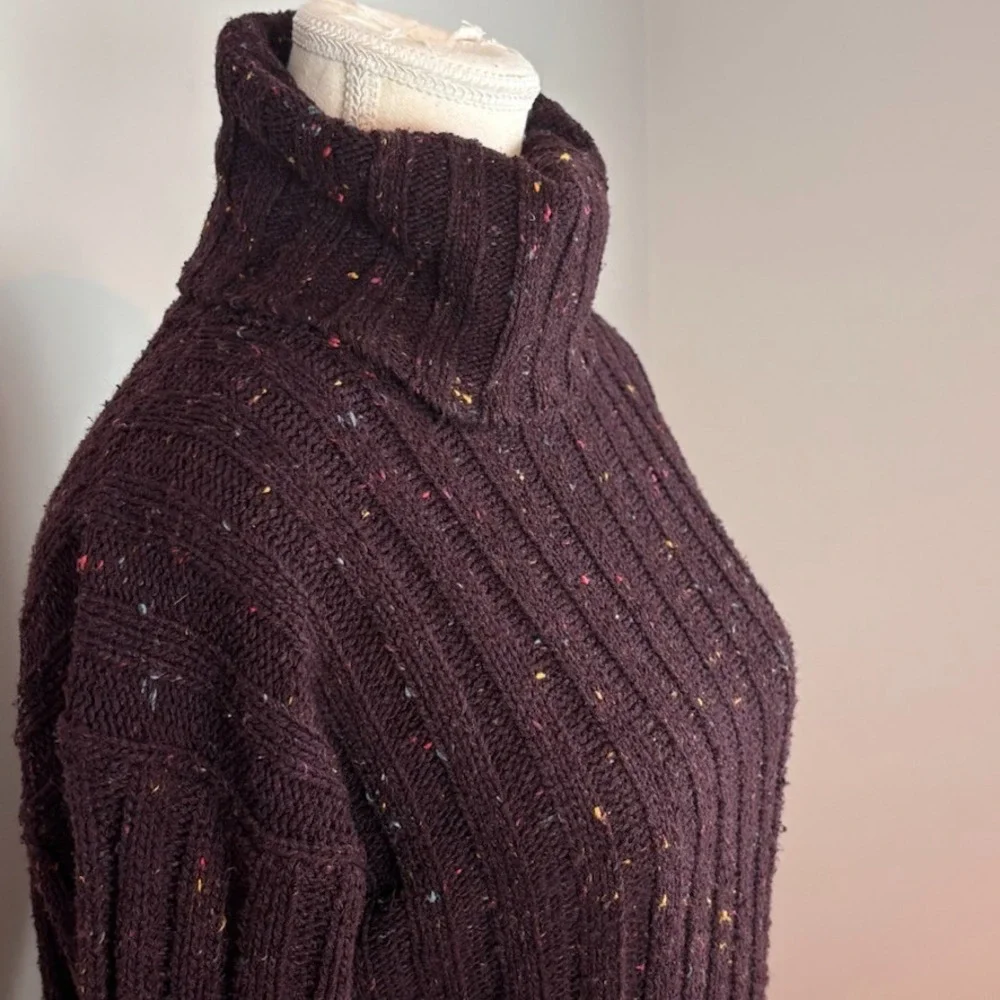 Anthropologie Y2K Womens Purple Heathered Chunky Knit Flare Sleeve TurtleNeck SM